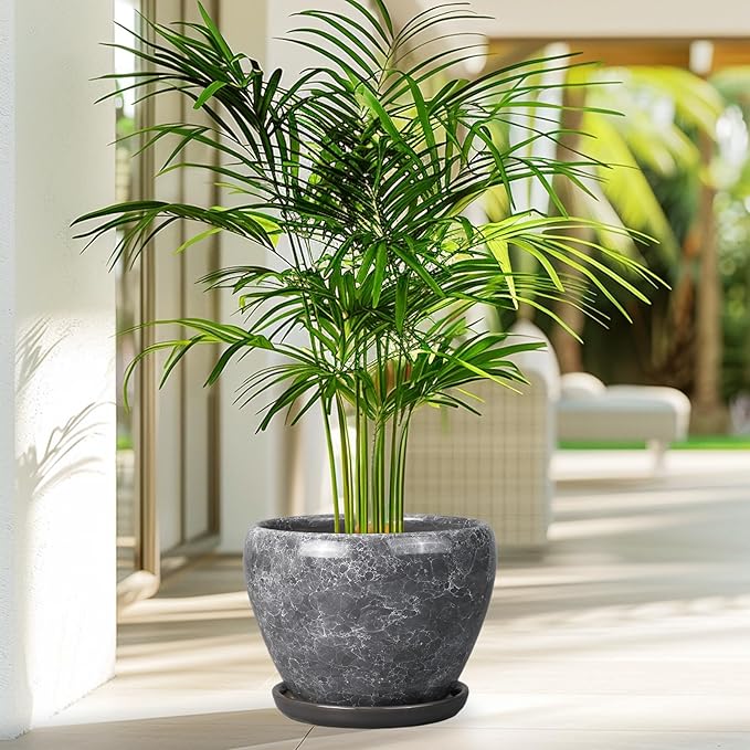 8 Inch Plant Pot - Ceramic Planter Pot with Drainage Hole and Saucer, Glaze Garden Pot Modern Flower Pot for Indoor Plants, Gray