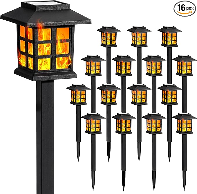 GIGALUMI Solar Lights for Outside,16 Pack Flickering Flame LED Solar Outdoor Lights, Waterproof Solar Garden Lights Maintain 10 Hours of Lighting for Christmas, Garden, Landscape, Path, Yard, Patio