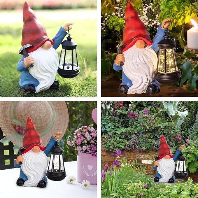 Garden Gnome Statue Solar Light Outdoor Decorations Figurine with Lantern Led Shovel Sculpture Lawn Patio Yard Porch Outside Christmas Housewarming Gifts for Women Mom Grandma
