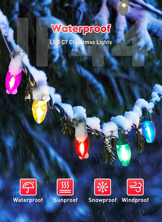 Multicolor C7 LED Christmas String Lights, 50FT C7 Vintage Christmas Lights, Commercial Connectable Christmas Tree Lights for Xmas Holiday Roofline Garden Wedding Decor