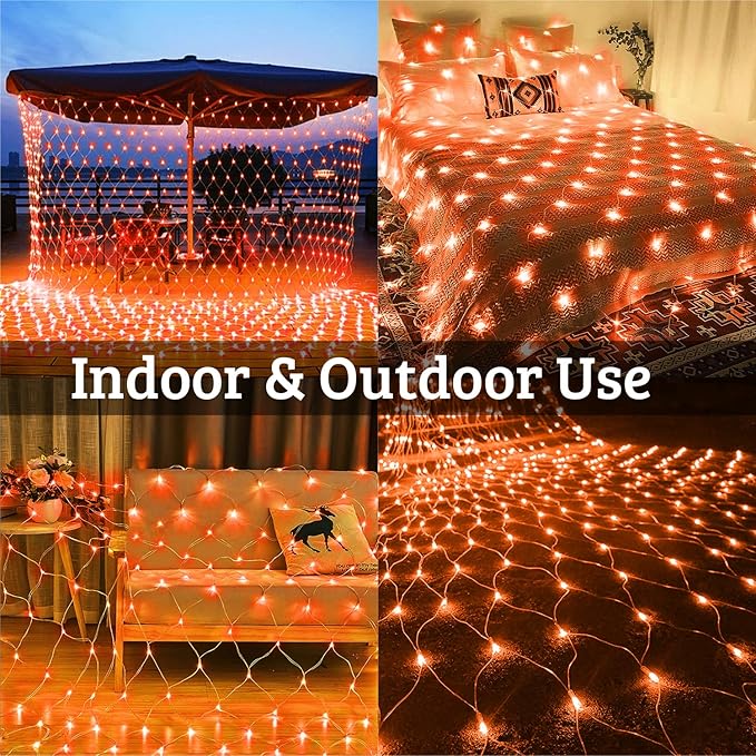 Christmas Net Lights Outdoor - 360 LED Orange Net Lights Waterproof with Remote, 12x5 ft Extendable 8 Modes for Bushes, Gazebo, Lawn, Garden, Shrubs, Tree, Backyard Decorations