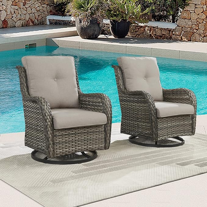 Outdoor Patio Swivel Rocker Chairs - Wicker Rattan Patio Swivel Rocking Chairs Set of 2 with High Back,Deep Seating and Comfort Cushions for Deck Porch Garden,Mixed Grey/Grey