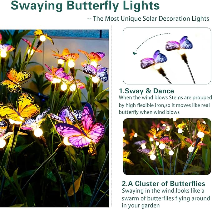 TONULAX Solar Garden Lights - Swaying Butterfly Light, Swaying in The Wind, Solar Outdoor Lights, Yard Patio Pathway Decoration, High Flexibility Iron Wire & Realistic Butterflies (6 Pack)