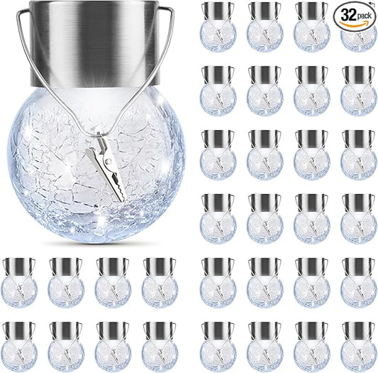 PARTPHONER 32 Pack Hanging Solar Lights Outdoor, Waterproof Solar Globe Lantern with Handle and Clip, Decorative Cracked Glass Ball Lights for Christmas Decor, Tree, Yard, Garden, Patio (Cold White)