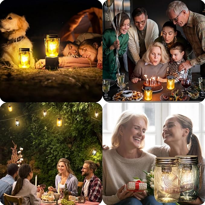 Outdoor Mason Jar Lights Hanging, 2-Pack LED Decorative Garden Lanterns with Timer, Battery Operated Vintage Glass Light for Patio Camping Courtyard Backyard Tree Hallway Stairs Farmhouse (2Color)