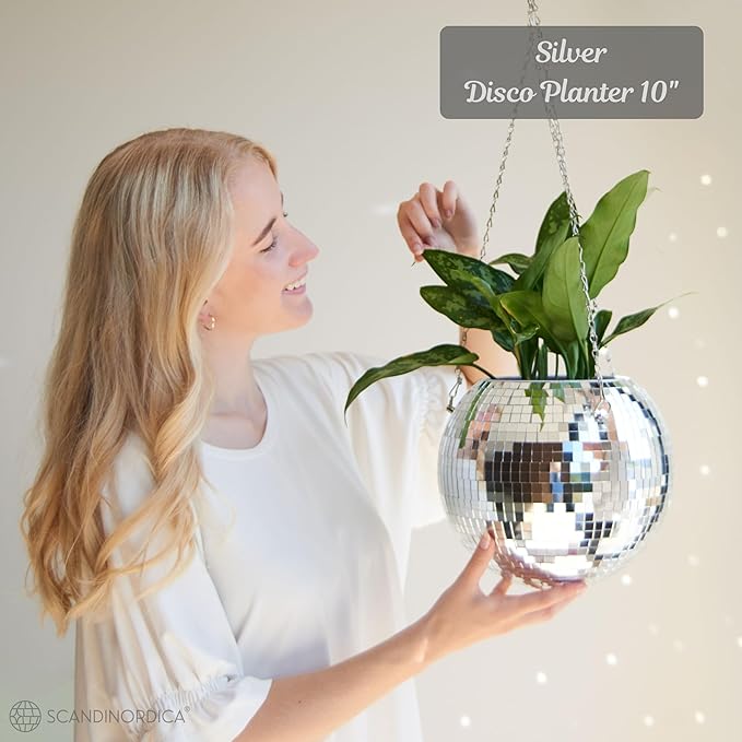 SCANDINORDICA Disco Ball Planter – Value Package: Mirror Disco Planter with Chain, Macrame Hanger and Acrylic Stand for Desk, Includes Self Watering Insert, Eclectic Home Decor | 10 inch Silver