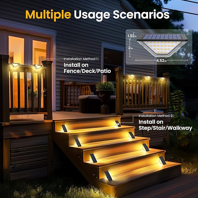 SOLPEX Solar Step Lights Outdoor,Solar Stair Lights for Outside,Two-Sided Step Lights with 33 LEDs,Waterproof IP65 for Garden,Fence,Deck,Steps,Stair,Porch（6 Pack,Warm White）