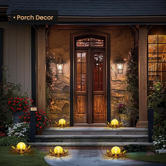 GIGALUMI Solar Lights Outdoor Garden Decor, Adjustable Metal Petal Lotus Flower Lights Crackle Globe Glass Lantern Outdoor Table Decor Waterproof for Patio, Lawn, Pathway, Pond, Christmas Gift