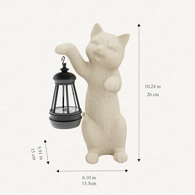 Solar Powered Garden Resin Statue Lights, 10 Inch Waterproof Outdoor Animal Cute Cat Figurine Lights, Suitable for Patios, Balconies, Lawns, Courtyards, Etc. (Hand)