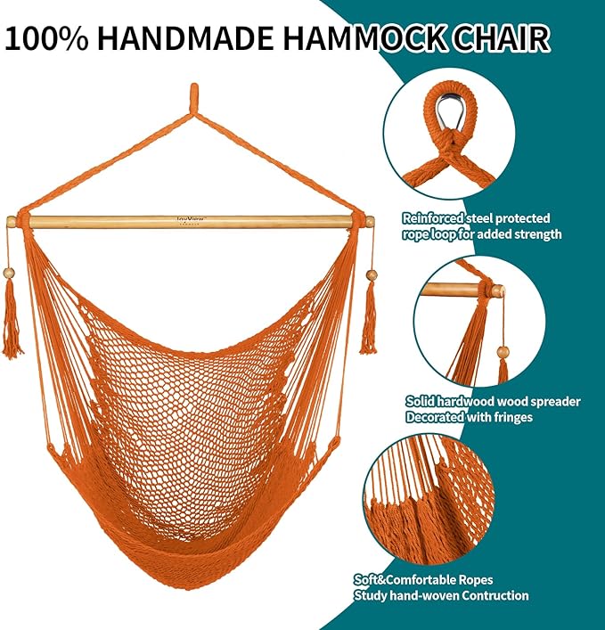 JoyView Hammock Chair with Spreader Bar Caribbean Hammock Swing Chair 300 LBS Weight Capacity XL Rope Hanging Chair for Outdoor Indoor Garden Yard - Orange
