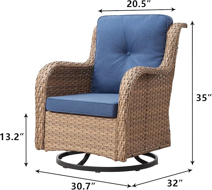 Outdoor Patio Swivel Rocker Chairs - Wicker Rattan Patio Swivel Rocking Chairs Set of 2 with High Back,Deep Seating and Comfort Cushions for Deck Porch Garden,Yellow/Blue