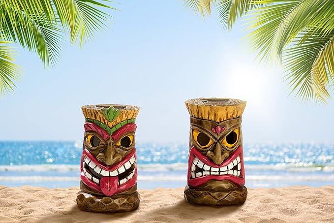 TERESA'S COLLECTIONS Tiki Head Garden Decor with Solar Outdoor Light, Set of 2 Tropical Hawaiian Tiki Torch Resin Christmas Decorations Garden Sculptures & Statues Yard Decor Thanksgiving Gifts 6"