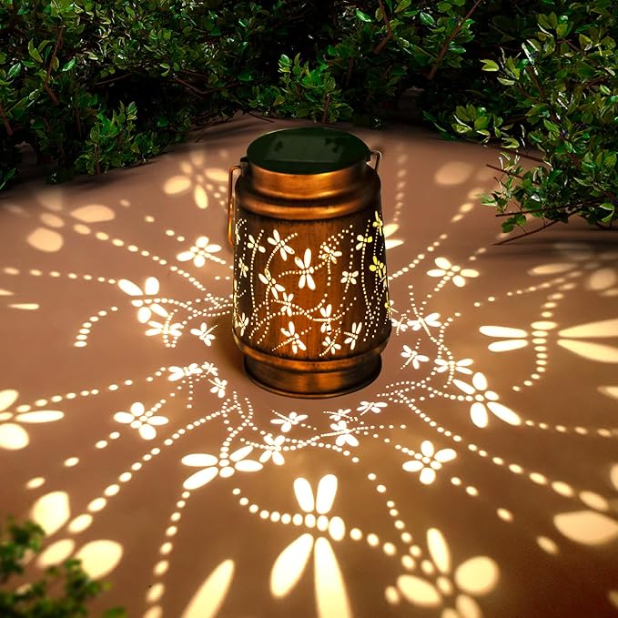 Mothers Day Gifts, Dragonfly Solar Lanterns Outdoor Hanging, Hollowed-Out Metal Waterproof LED Garden Decor Light for Patio Yard Pathway Lawn Front Porch Tree, Birthday Gifts for Women Mom Grandma
