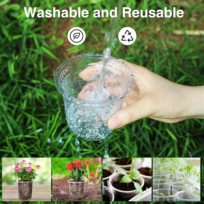 Bonviee 1 Gallon Clear Nursery Pots, 6.7 Inch Plastic Seedling Pots with Drainage Holes, Planters for Indoor Plants and Small Seed Starters, High Transparency Flower Pots with 10 Plant Labels, 20 Pack