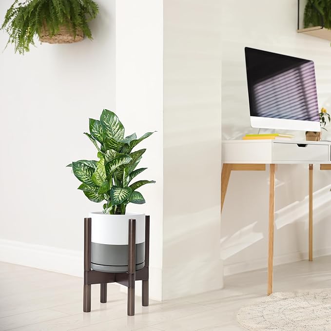 D'vine Dev Ceramic Planter with Walnut Color Stand - 8 Inch Modern Round Flower Pot with Wood Planter Holder, White/Grey, 55-B-Y-6