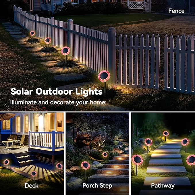 Outdoor Solar Lights, 4 Pack Led Solar Sunflower Lights, Stake/Wall 2-in-1 Waterproof Solar Garden Lights for Yard, Landscape, Fence, Patio, Driveway, Pathway, Backyard Decoration (Warm White)