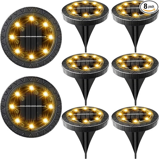 Solar Powered 8 Pack Outdoor LED Disk Lights - IP68 Waterproof, Non-Slip, Wear-Resistant Pathway Lights (Warm White)