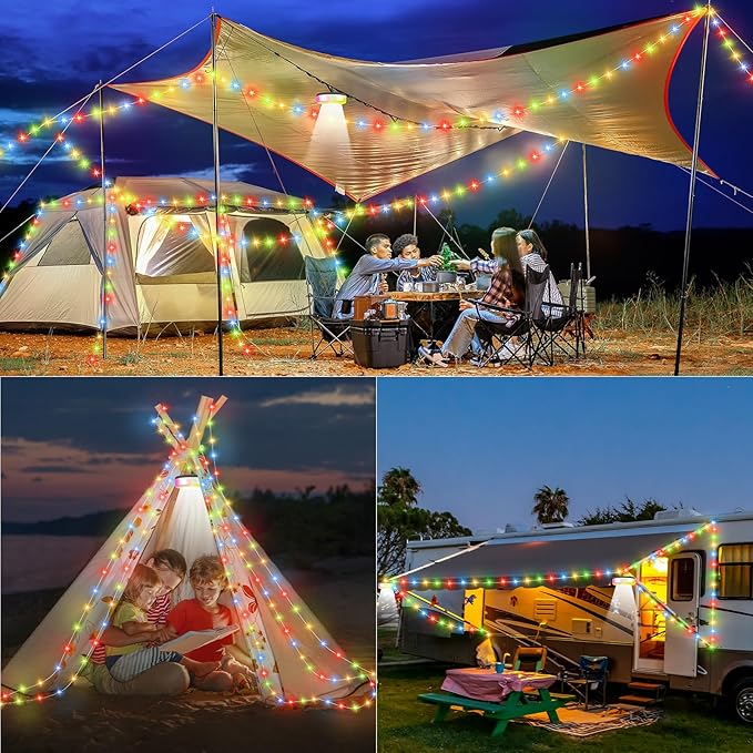 Camping String Lights, 4 in 1 Quick Storage 32.8FT Rechargeable Tent Lights with 9 Modes Hanging Waterproof Camp Lamp Camping Essentials for AwnTent Hiking Garden Bedroom Festival(Warm +RGB)-2Pack