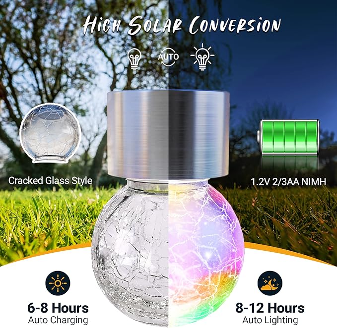 GIGALUMI Solar Lights Outdoor Waterproof ,12 Pack Solar Hanging Lights Garden Decor,Gifts for Women Mom Grandma,Solar Outdoor Lights Lantern Cracked Glass for Yard, Fence, Tree(Color Changing)