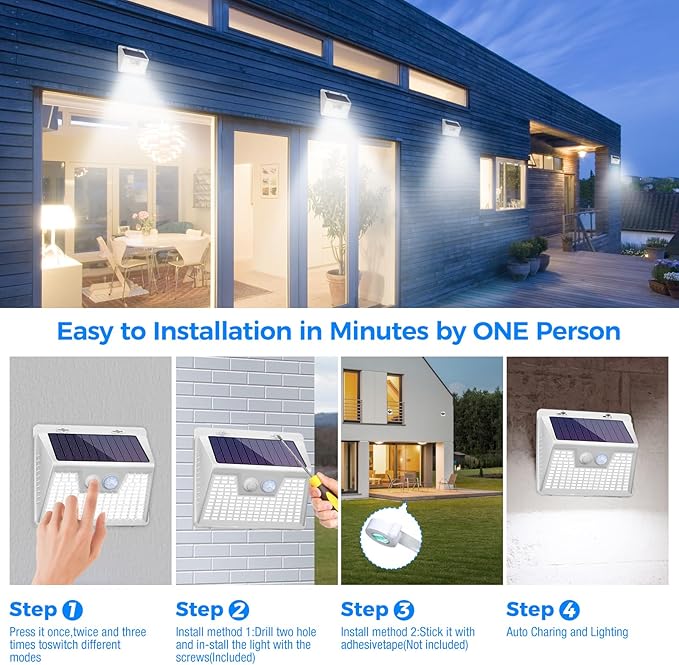 Peasur White Solar Lights Outdoor Waterproof, 6Pack 140LED Solar Powered Motion Sensor Light, 3 Modes Security Wall Lights for Fence Garden Yard Outside