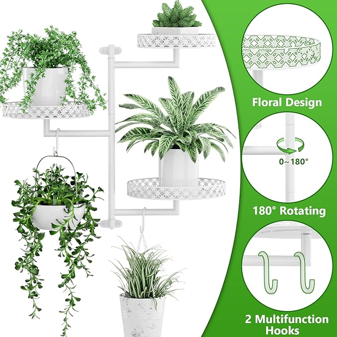 OVICAR Rotating Window Plant Shelves - Indoor Wall Plant Stand 3-Tier Floral Metal Window Shelf Holder for Multiple Plants with Hanging Hooks Home Decor White