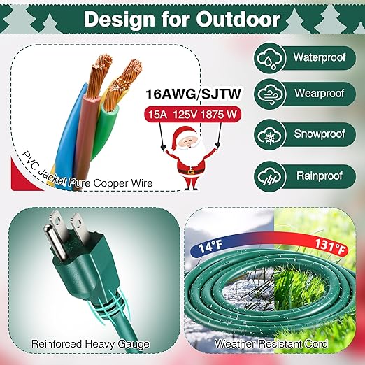 Feekoon 20 FT Extension Cord Splitter with Timer and 3 Outlet Plug, 16awg SJTW Outdoor Extension Cord with Multi Outlet Safety Cover for Holiday Lights Garden Patio Christmas Outdoor Decorations