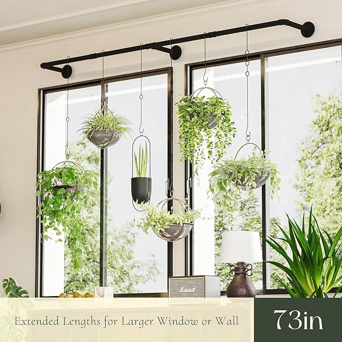 Plant Hanger Indoor with 6 Hanging Chains Hanging Planters for Indoor Plants Hanging Plant Holder Window Plant Rod Black Metal Shelves(73 Inch Pot not Included
