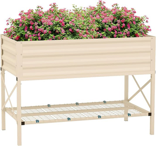 Outsunny Raised Garden Bed with Galvanized Steel Frame, Storage Shelf and Bed Liner, Elevated Planter Box with Legs for Vegetables, Flowers, Herbs, Cream