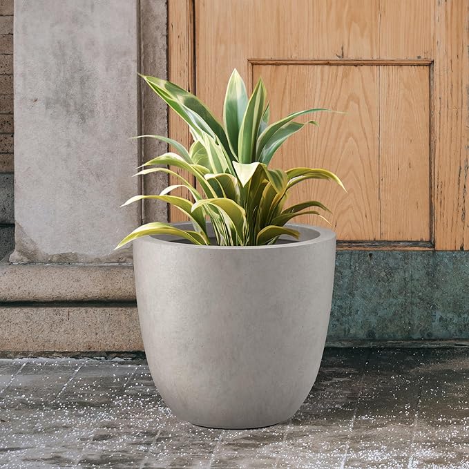 Kante 14 Inch Dia Round Concrete Planter, Indoor Outdoor Large Plant Pot with Drainage Hole and Rubber Plug for Home Patio Garden, Weathered Concrete