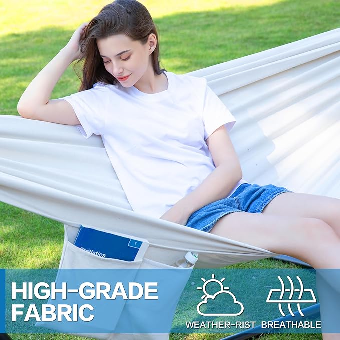 PNAEUT Double Hammocks with Stand for Outside, Portable Space Saving Heavy-Duty Steel Stand for Indoor Outdoor Patio with Carrying Bag, 450 lbs Capacity (Beige)