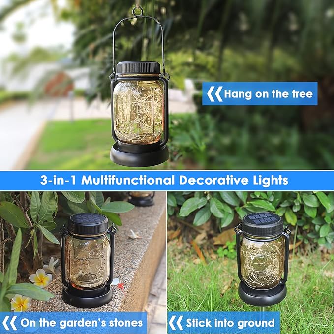 Mlambert Cool White 4 Pack Solar Hanging Mason Jar Lights with Stakes, Waterproof Decorative 30 LEDs Outdoor Solar Lantern Lamp Patio Garden Tree Yard