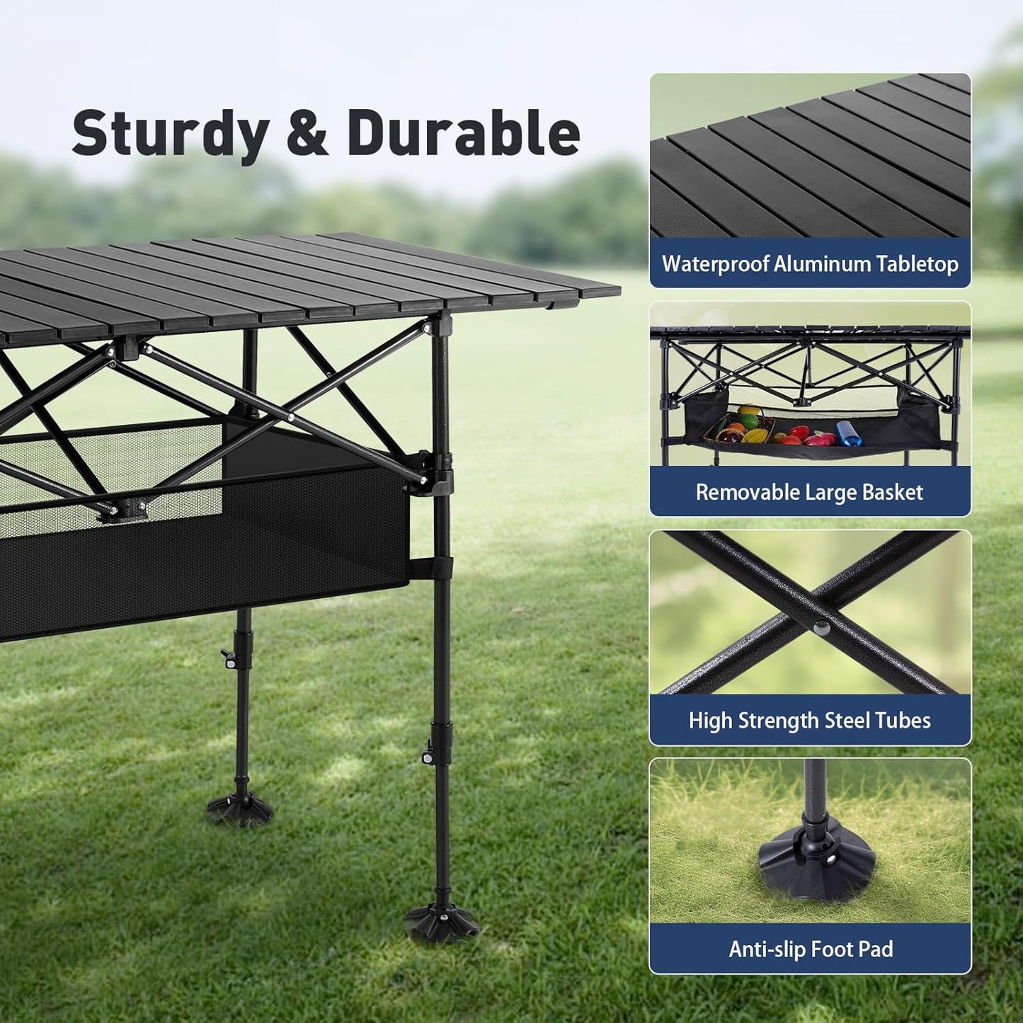 ALPHA CAMP Folding Camping Table, Portable Roll-up Table with Adjustable Height, Large Storage Bag and Carrying Bag, Tall Aluminum Table for Indoor & Outdoor Picnic BBQ Backyards Beach