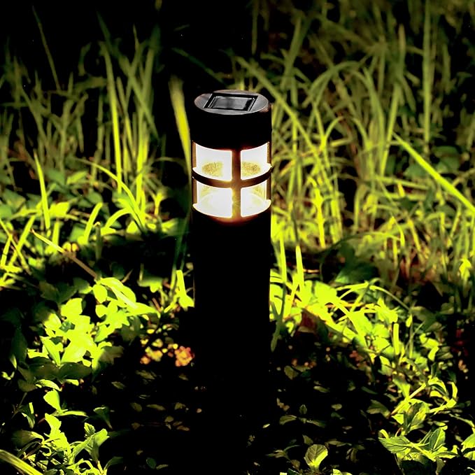 TECHKO Solar Mini-Bollard Cylinder Pathway Lights – 4-Pack, Dusk-to-Dawn, Weather-Resistant Outdoor LED Lighting