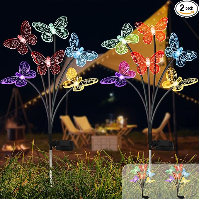 Solar Butterfly Lights Outdoor, 2 Pack with 12 Swaying Garden Lights, Waterproof, Changing Color for Yard Pathway Decor