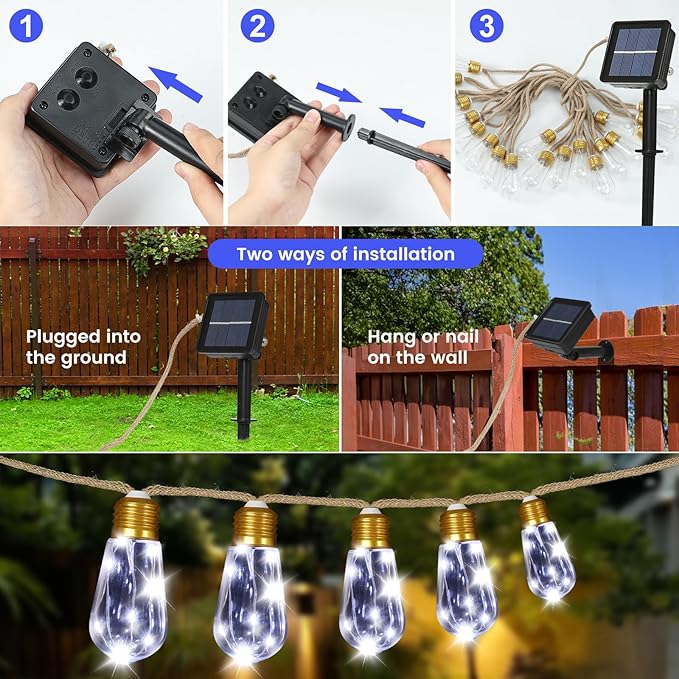 Solar Outdoor String Lights 24Ft Vintage Hemp Rope Solar Lights with 20 Shatterproof Bulbs,Solar Powered Patio String Lights with 8 Modes and Memory Function for Fence Garden Balcony Camping Bistro