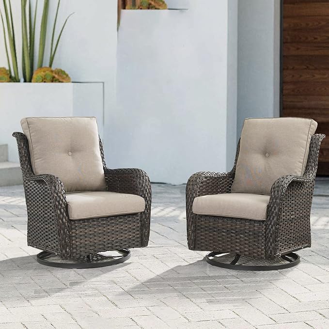 Outdoor Patio Swivel Rocker Chairs - Wicker Rattan Patio Swivel Rocking Chairs Set of 2 with High Back,Deep Seating and Comfort Cushions for Deck Porch Garden,rown/Grey