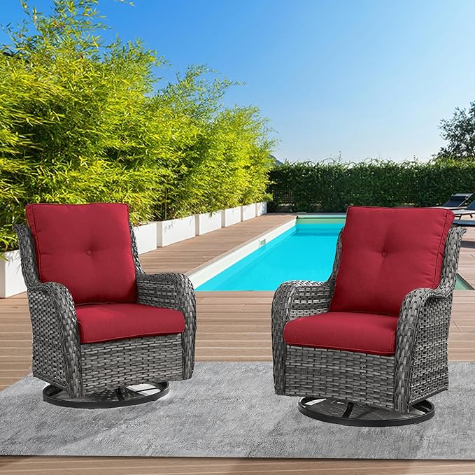 Outdoor Swivel Rcoker Wicker Chairs - Swivel Patio Chairs Set of 2 Patio Furniture Sets with Covered Cushion for Porch Deck Balcony Backyard, Red