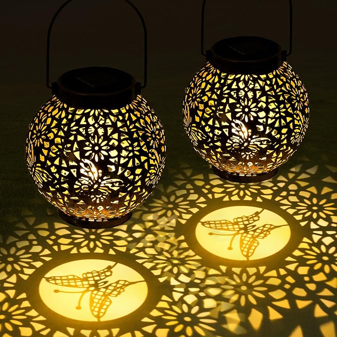 MAGGIFT 2 Pack Solar Lanterns Outdoor Waterproof Hanging Lantern Lights Decorative Solar Light for Garden Table Patio Yard Pathway Walkway,Unique Gifts for Women Gardening,Warm White.