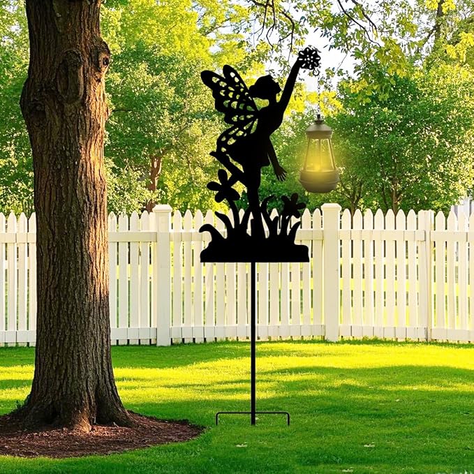 Garden Stakes Outdoor Decor Metal Angel Holding Solar Lantern Decorative Garden Metal Flower Stakes Outdoor Angels Silhouette Stake