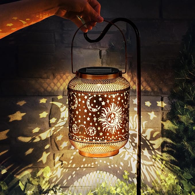 Solar Lanterns Outdoor Garden Decor, Metal Sun Moon Decor Lanterns Birthday Gifts for Women Mom Grandma, Waterproof Hanging Outdoor Solar Lights for Patio, Yard, Lawn, Landscape