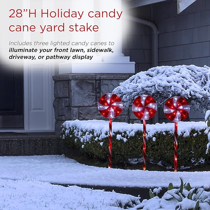 Alpine Corporation 28" H Outdoor Candy Cane Yard Stakes with Red and White LED Lights (Set of 3), Christmas Decoration