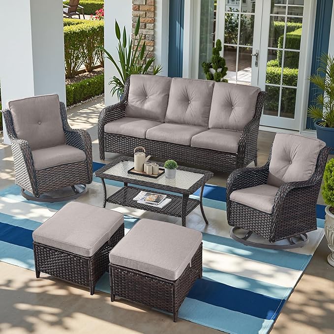 Outdoor Wicker Patio Furniture Set - 6 Piece Rattan Patio Conversation Set with 2 Rocking Swivel Chairs,2 Ottomans,1 Sofa and 1 Coffee Table for Porch Deck Backyard Garden(Brown/Grey)