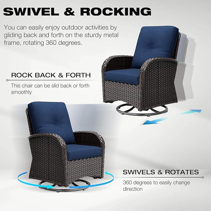 Joyside Outdoor Swivel Rocker Chairs, 3 Piece Wicker Patio Set with Thick Cushion and Side Table, Rattan Patio Swivel Rocking Chairs for Porch, Deck Use (Brown/Blue, 3 PCS)