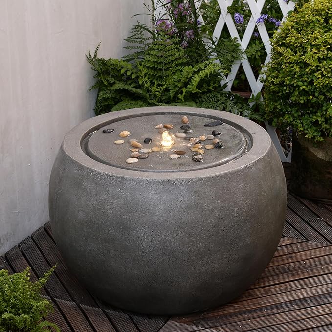 Garden Water Fountain Outdoor Large Round Bubbler Water Feature Indoor with Lights & Pump and Pebbles Concrete Effect for Patio Pool Pond Yard Home Decor Gray, 25 "L X 25" W X 17.5" H