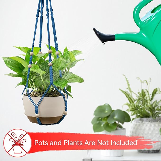 USLAI Macrame Plant Hanger Indoor Outdoor, Up to 4-15 inch Pot, Heavy 20lb Planters, Extra Long Strong Hanging Planter Basket Holder, Boho Home Decor, 35+49 Inch, Blue (POTS NOT Included)