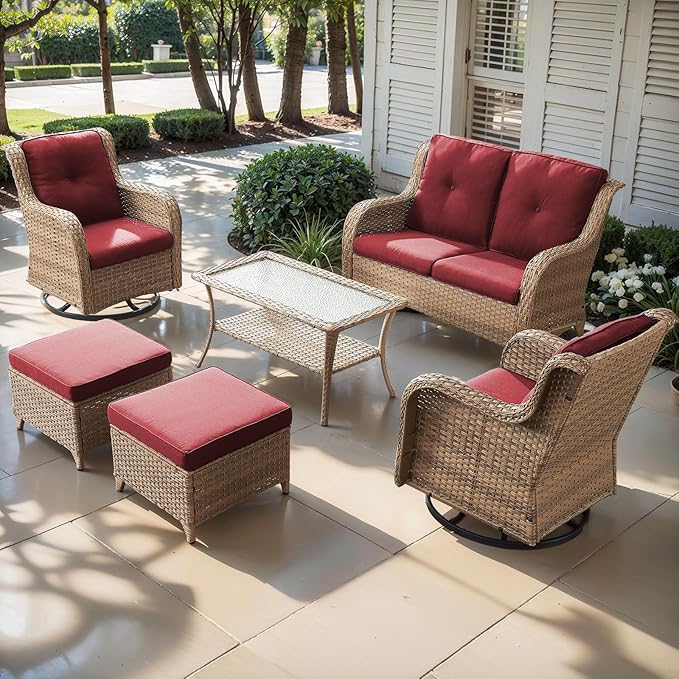 Outdoor Wicker Patio Furniture Set - 6 Piece Rattan Patio Conversation Set with 2 Rocking Swivel Chairs,2 Ottomans,1 Loveseat and 1 Coffee Table for Porch Deck Backyard Garden(Yellow/Red)