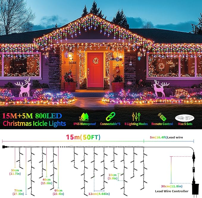 XZAI 800LED 72FT, Fairy Icicle String Lights, Plug-in, Multi-Color & Cool White, Christmas Party Decors, Remote, 8 Modes, Timer, Dimmable, IP65 Waterproof, Hanging for Outdoor & Indoor Use