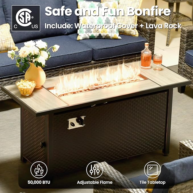 ovios 8 Pieces Patio Furniture Set with 54" Fire Pit Table, Outdoor Wicker Sofa with Comfy Cushions, All Weather High Back Rattan Couch Conversation Set, Denim Blue