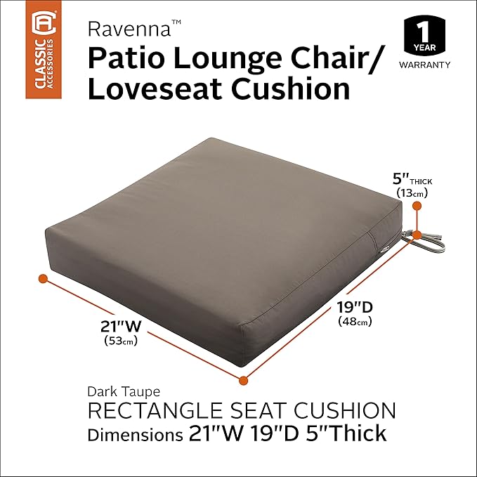 Classic Accessories Ravenna Water-Resistant 21 x 19 x 5 Inch Patio Seat Cushion, Dark Taupe, Patio Loveseat Cushion
