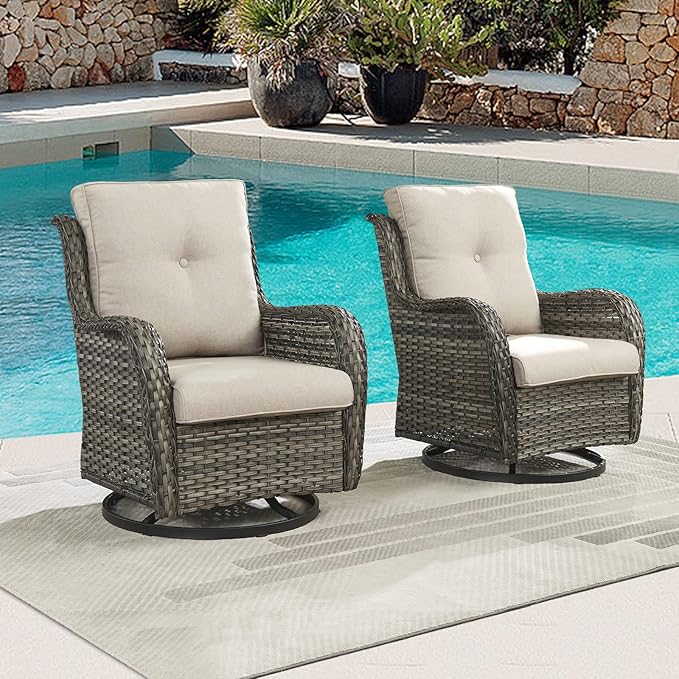 Outdoor Patio Swivel Rocker Chairs - Wicker Rattan Patio Swivel Rocking Chairs Set of 2 with High Back,Deep Seating and Comfort Cushions for Deck Porch Garden,Mixed Grey/Beige